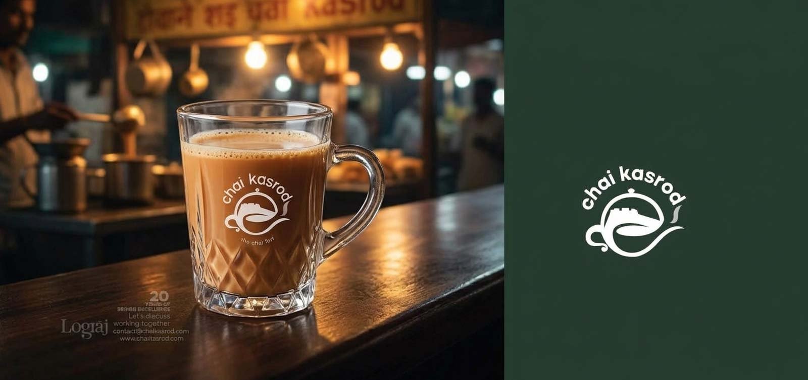 Chai Kasarod tea brand logo designed by Logoraj, displayed on a shop wall and takeaway cup